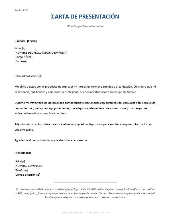 Modelo carta de presentación Word