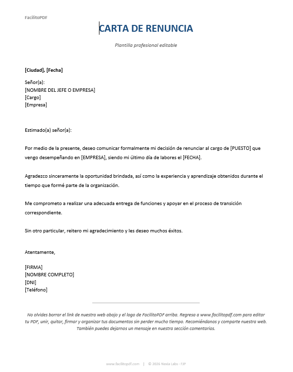 Modelo carta de renuncia Word