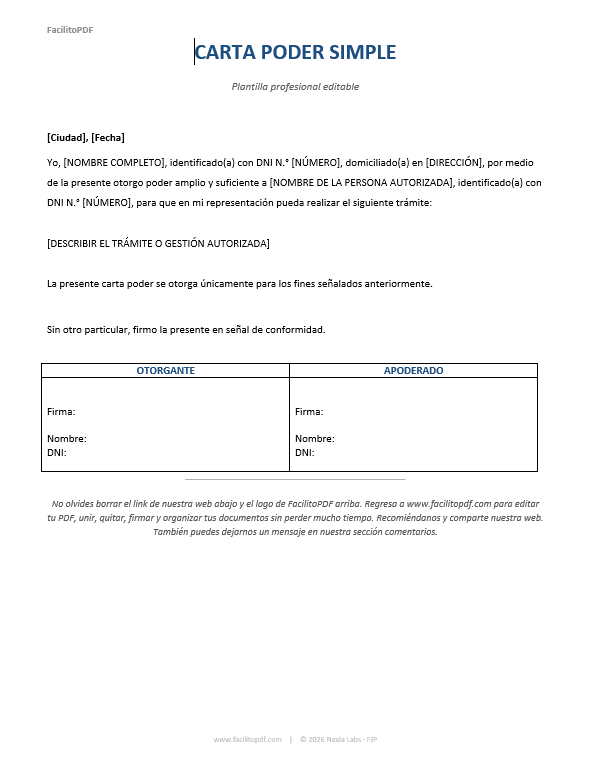 Modelo carta poder simple Word