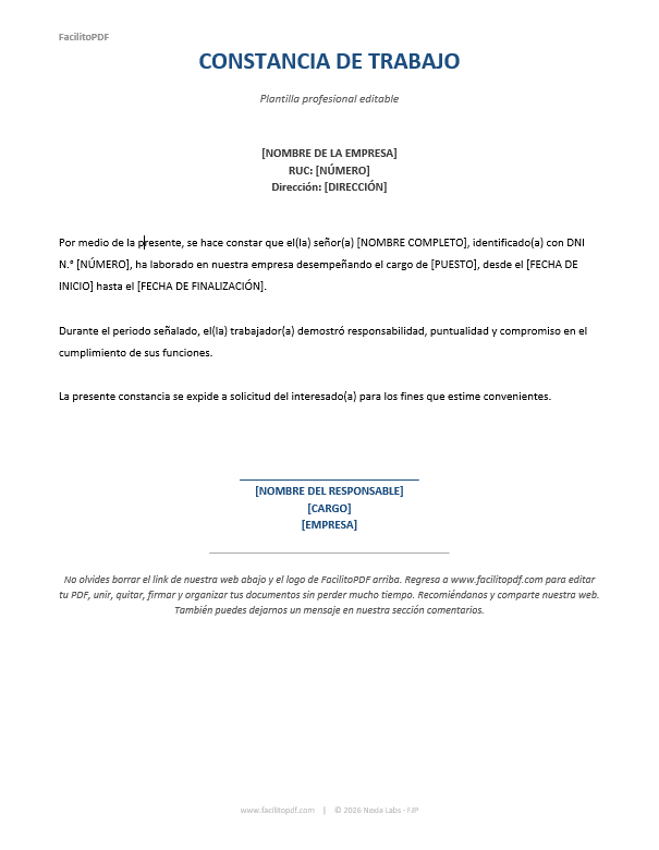 Modelo constancia de trabajo Word