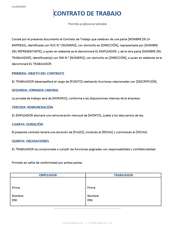 Modelo contrato de trabajo Word