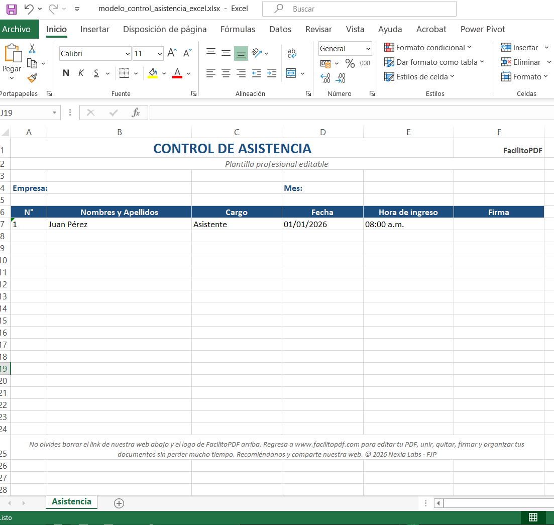 Modelo control asistencia trabajadores Excel