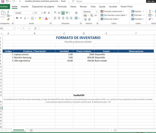 Modelo formato inventario Excel