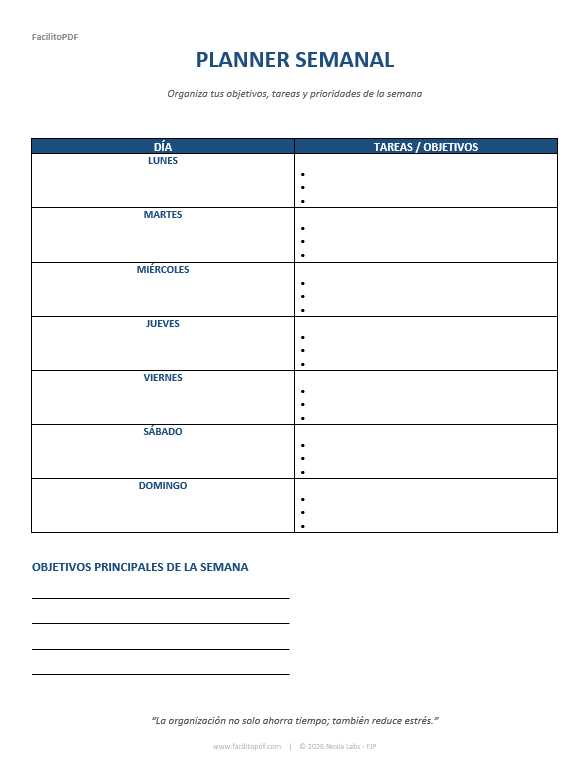 Modelo planner semanal Word
